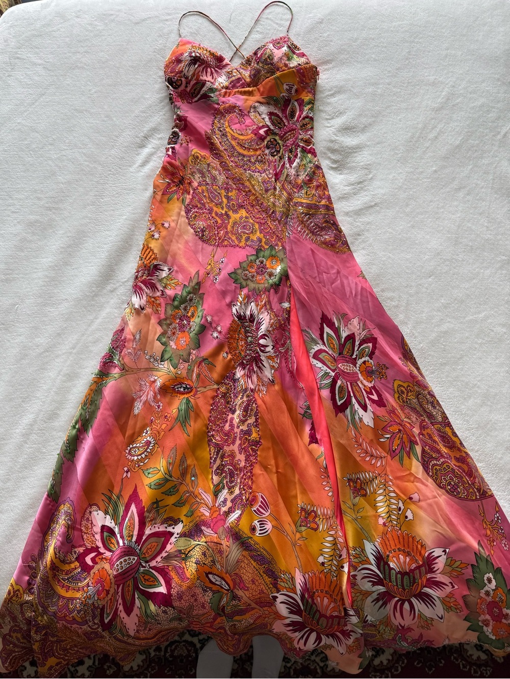 Y2K Cache Pink/Orange Floral/Paisley Print Maxi Dress